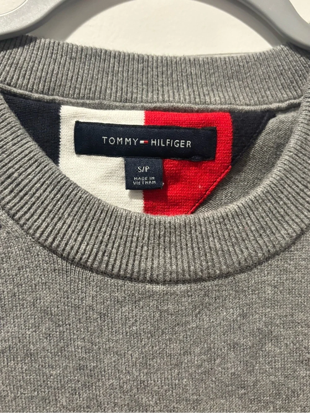 Tommy Hilfiger Gray Crewneck Sweater with Red, White & Black Chest Stripe